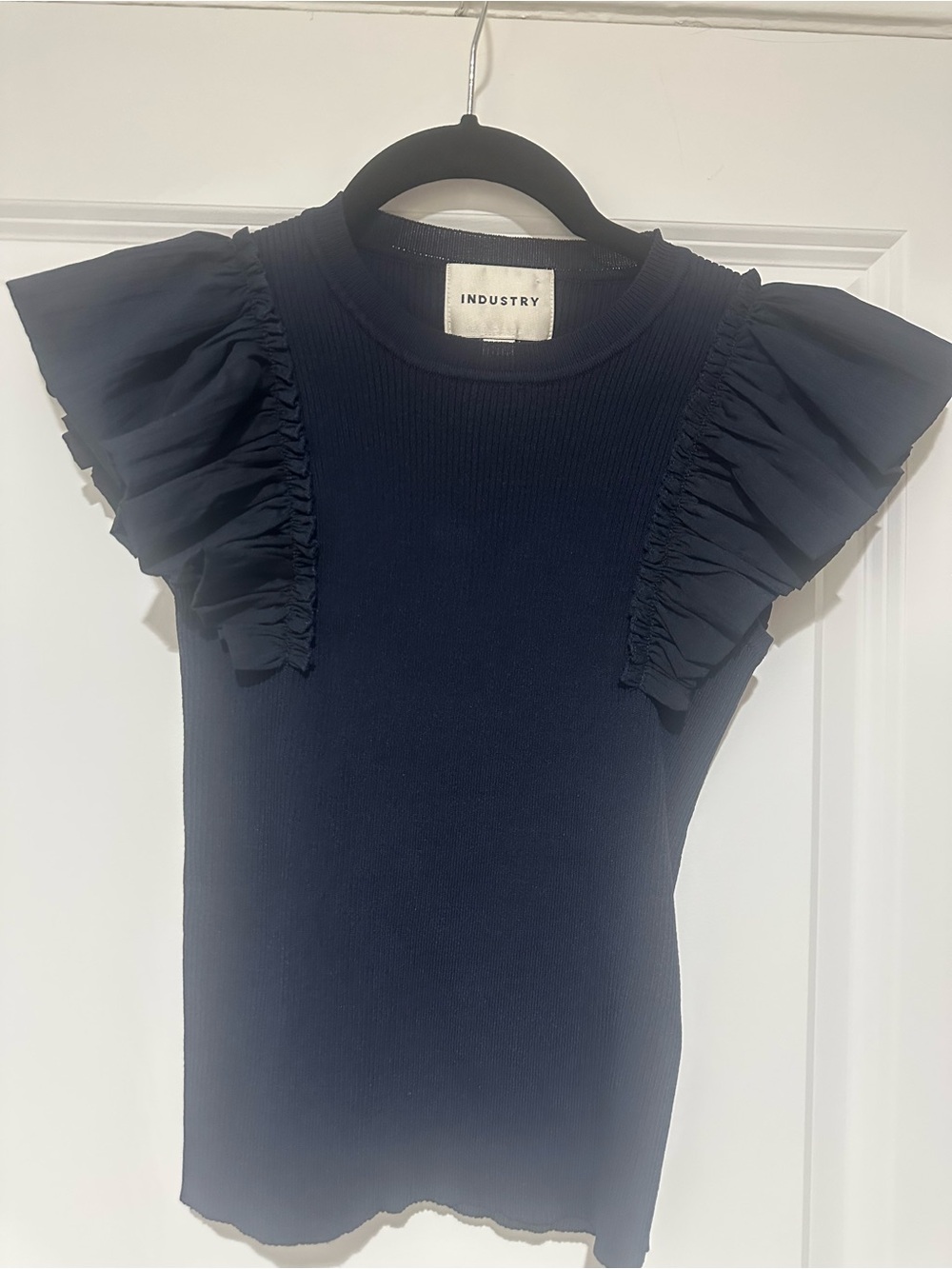 INDUSTRY Navy Ruffle-Sleeve Ribbed Tee